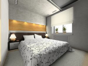 Motorized window shades in a modern bedroom